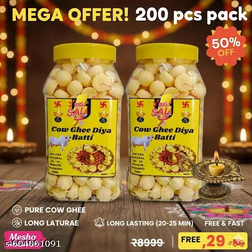 200 PCS Pure hand made cow ghee diya batti (100pcs) pack of 2.,Ghee diya|Pure ghee diya quality 200 pieces, 15 minutes minimum burning., cow ghee diya of 200 pcs|diya for pooja|made of vanaspati ghee |diya for home|diya for office|puja article||jyot batti
