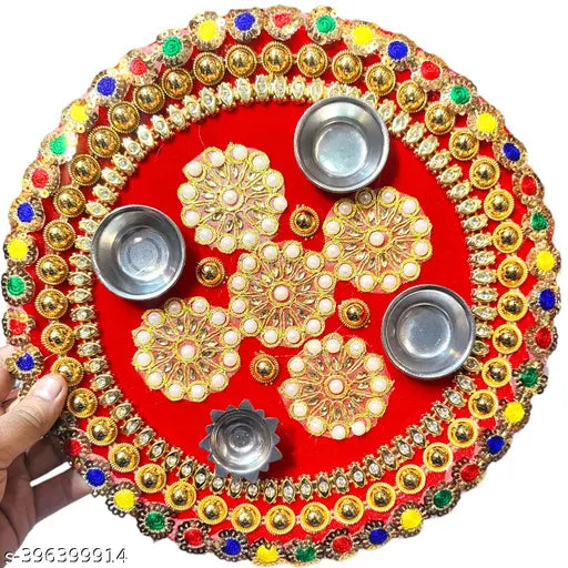 Handmade Decorative Pooja Thali, Puja Plate, Karwachauth Thali Set | Diwali Gift Items | Decorative Items for Pooja | Aarti Thali Decorative