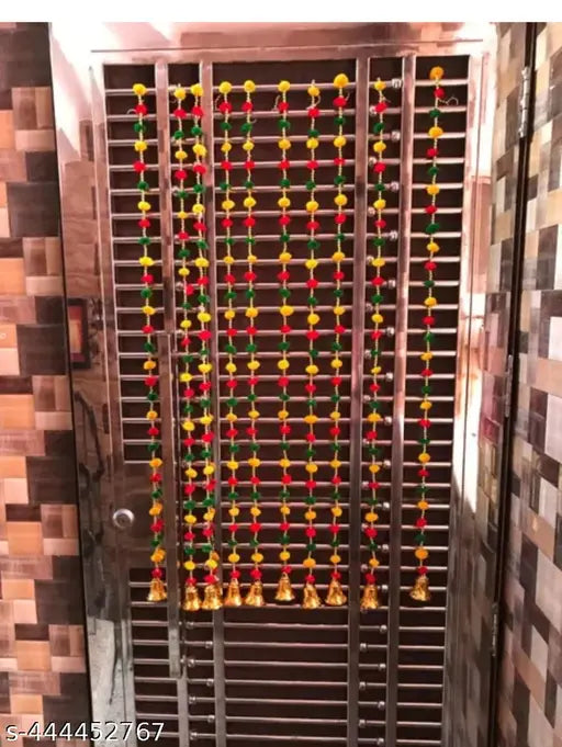 Handmade Wall Door Multicolor Pom Pom String with Golden Beads, Big Bell Hanging Torans Garland Bandhwar Decoration Item for Home Décor Diwali Festival, Navratri, (5 FT)