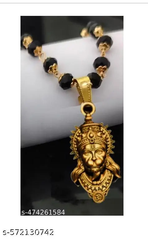 hanuman ji face pendant with gold  plating  , black moti mala chain   for men and women both | religious  bajrang bali ji  gold  locket with spritual powers to protect  humans from negativity /02