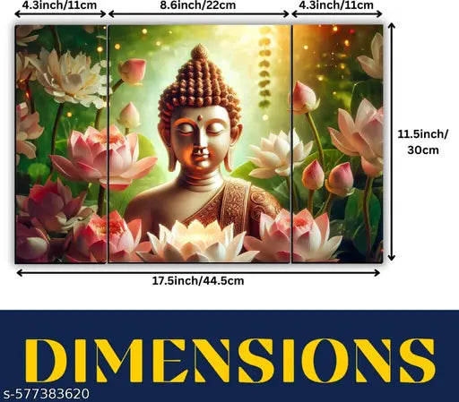 KKArt Set of 3 Lord Buddha Modern art self adeshive Home decorative gift item wall painting for living room , office , hotel MDF framed painting 12 inch X 18 inch(pack of 3 )