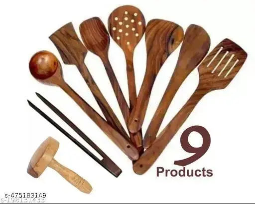 Wooden ladles,spatulas, Tong,Presser for cooking and serving (Pack of 9))