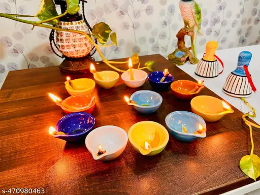 Ceramic Diya/Deepak Oil Lamp for Home Temple Puja Articles Decor Gifts Set of 12(Multicolour)
