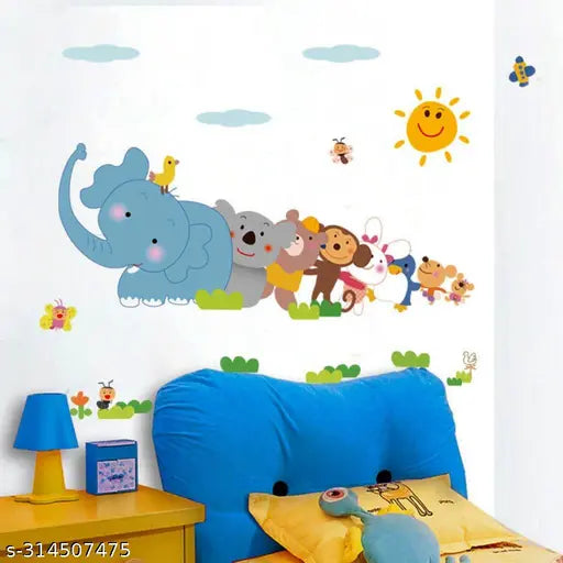 'Jungle Cartoon Cute Animals' Wall Sticker (PVC Vinyl, 60 cm x 90 cm, Multicolour)  wall sticker , wall sticker for kids,wallpaper sticker for kids