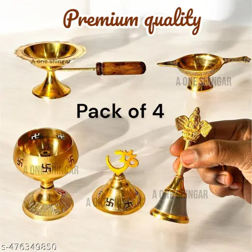 Pack of 4 Brass Diya, Dhoop Dani,Akhand Diya joyti and Pooja Bell (Ghanti) Premium Quality Brass