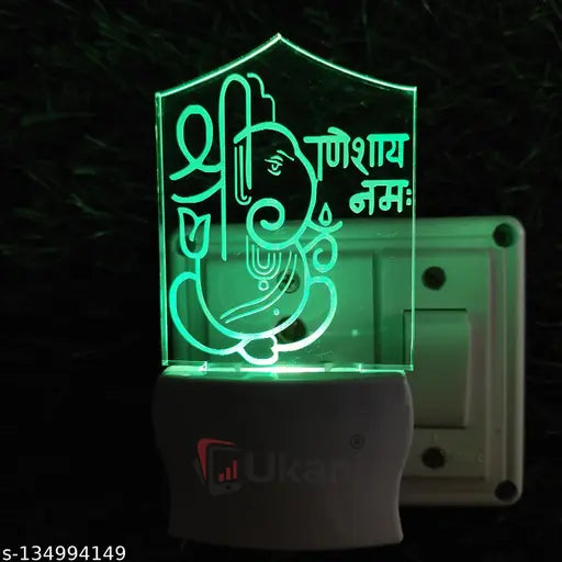 Ukani GANESHA Acrylic 3D Optical Illusion Night Lamp, RGB 7 Colors Auto Colour Changing LED Plug and Play Night Light, Office Day Light, For Home and Office Use, Best for Gift, Multicolour - 7CM+3.5CM