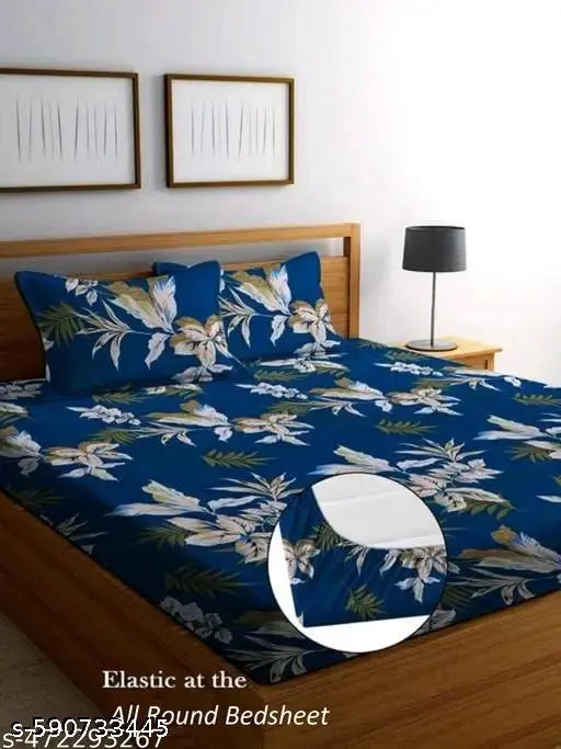 Super Soft Glace Cotton All Round Elastic Fitted Double Bed Bedsheet with 2 Pillow Covers-72x78x8 Inches-fiteed_Double
