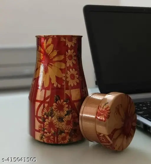 Antique Design Printed Bottle Joint Free and Leak Proof Cap 100% Pure Copper Water Bottle 1100ml