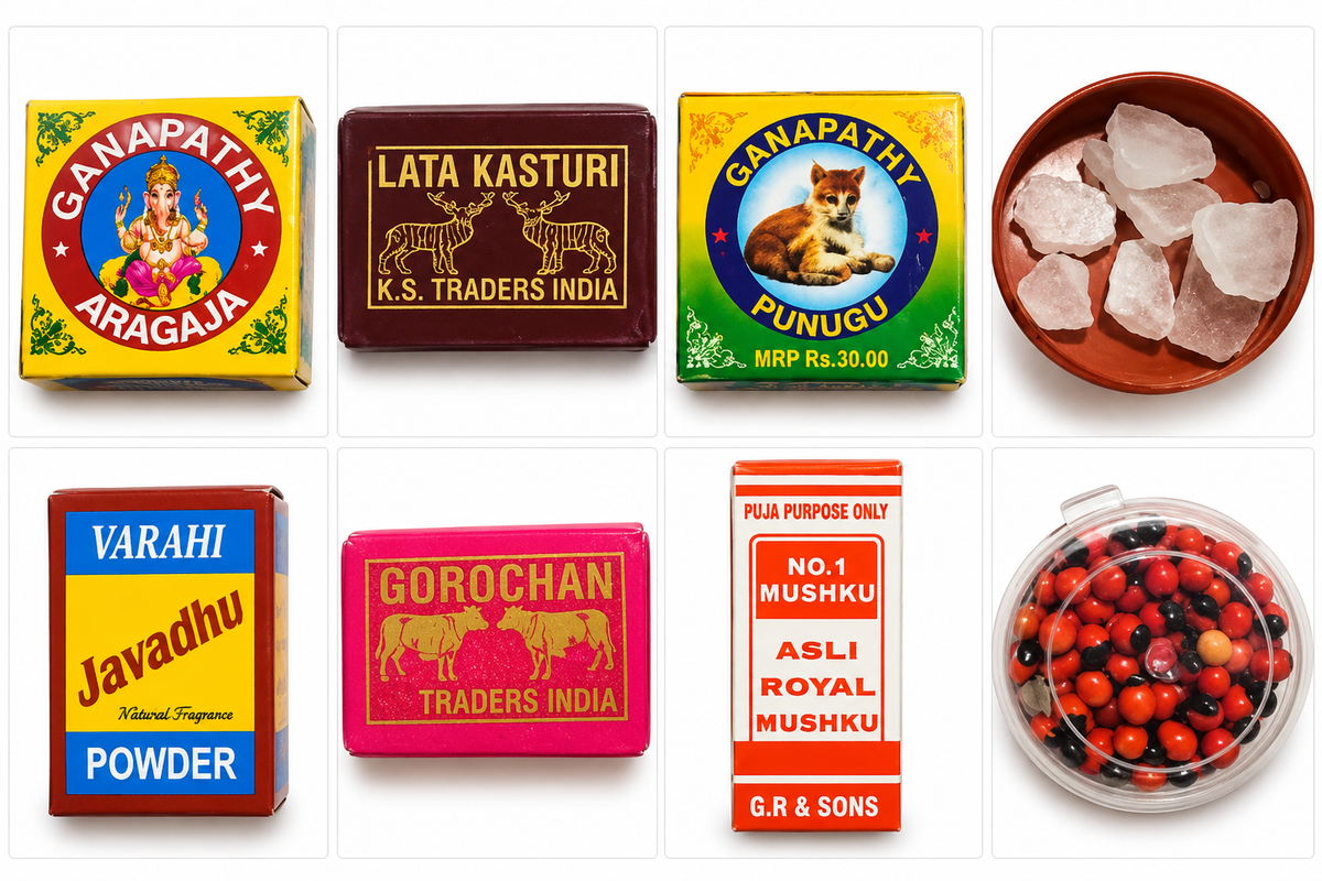 Pooja Samagri Kit – 8 Piece Set | Javadu, Punugu, Aragjha, Gunja Kasturi & Pacha Kapoor