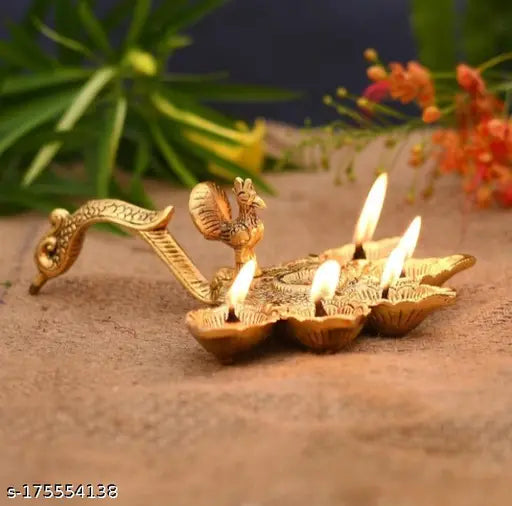 diya with peacock handle antique puja item