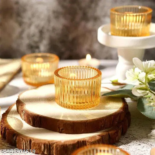 Vijyas "Lining Glass Tealight Candle Votive Holders – Set of 6 Yellow Glass Cups for Rustic Home Decor, Festive Lighting, Wedding & Event Use