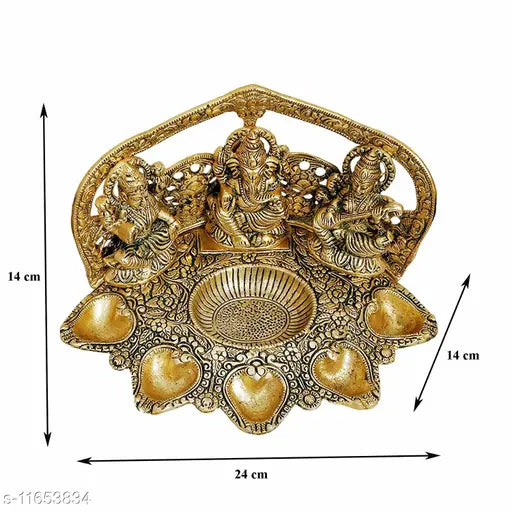 Laxmi Ganesh Sarawati With 5 Diya Set For Home,Temple,Office And Gifting Purpose Luck, Happiness and Prosperity Metal Size L-B-H-20x13x12.5 cm