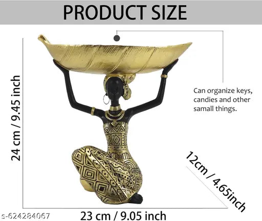 African Woman Figurine with Leaf Bowl | Black & Gold Decorative Showpiece for Home