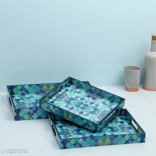 Enamel Coated Multipurpose Set of 3 RectangularTrays  (Blue Drops design)