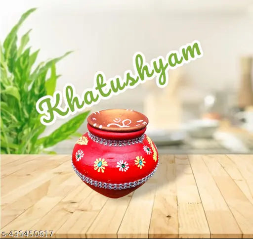 CLAY KALASH WITH RED  COLOUREULL WITH COLOURED DHAKKAN  PREMIUM CLAY KALASH NET QUANTITY (N) PACK OF 1Handcrafted Decorative Kalash– Handmade