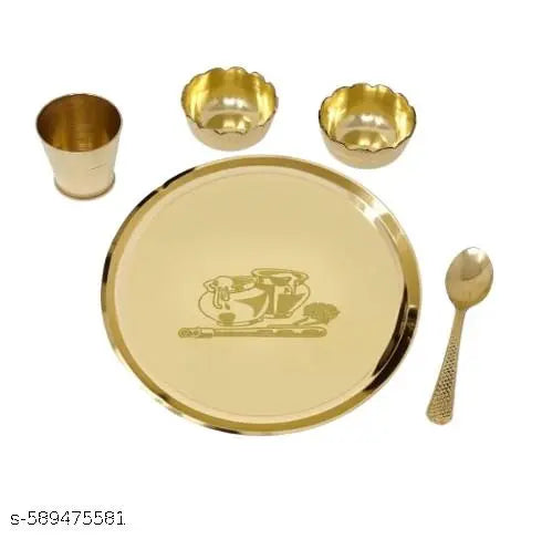 Pure Brass Puja Thali Set of 5 Pieces | 8.5 inch Large Bhog Thali for Temple Use | Brass Plate, Glass, Spoon & Bowls | Pooja Essentials