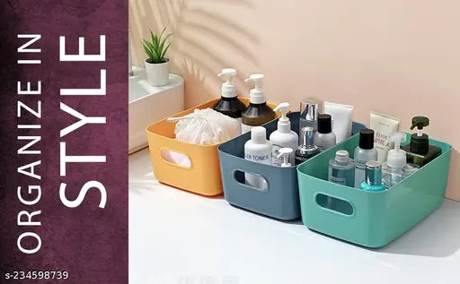 Plastic Storage Basket Multipurpose Colorful for Kitchen & Home Organizer Box for Wardrobe, Fruits Vegetables, Toys, Stationary Items (Storge Basket Without Lid-3Pcs)