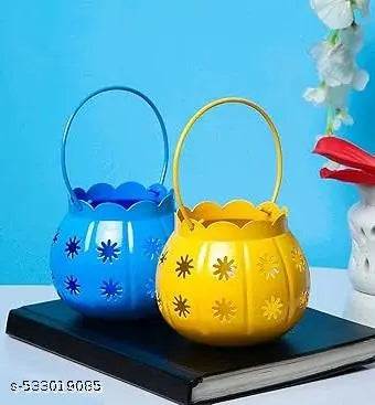 SM India Metal Handcrafted Tealight Candle Holder Hanging Candle Stand Decorations Items for Home Living Room Bedroom (Yellow and Blue)