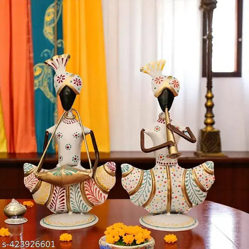 Hand-Painted White Iron Musician Couple | Festive Decor | Vastu Positive Gift Item