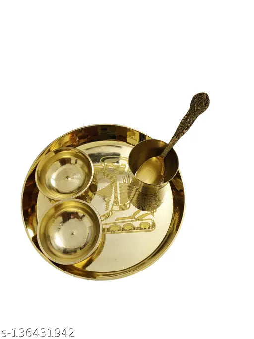 SKSM Brass Laddu Gopal HEAVY Bhog Thali Set with 2 Katori, 1 Glass, 1 Spoon for Temple Home Decor | KANHA JI KE BARTAN SET ONE PUDDING TWO BOWLS ONE SPOON ONE PLATE | JANMASHTAMI SPECIAL MATHURA VRINDAVAN BAL GOPAL BHOG SET | POOJA ARTICLES PUJA ACCESSORI