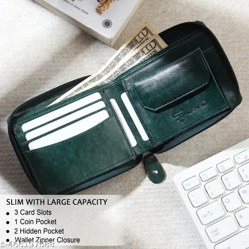 Genuine Leather Zipper Wallet RFID Secure Large Capacity Double Fold Multi-Card Leather Wallets for Men and Coin Purse.