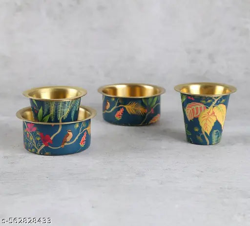 I M HANDICRAFT Presented The Brass Coffee Dabara set of 1 Tumbler & 1 Dawara Enemal Printed Design Jungle Safari Blue Theme South Indian Coffee Style