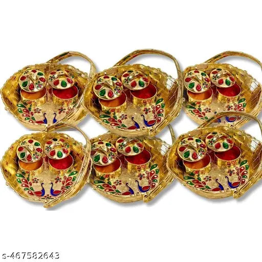 HALDI MEHENDI SHAADI SANKRANTI Haldi Kumkum Golden Basket with Free Haldi Kumkum | All in one Gift for Women, Weddings, Pooja Functions | Traditional Meenakari (Pack OF 6)