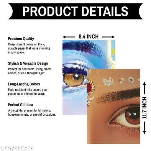 Shri Krishna & Radha Eyes Poster Set of 12 – A4 Size Split Wall Art Prints on 300 GSM Matte Paper
