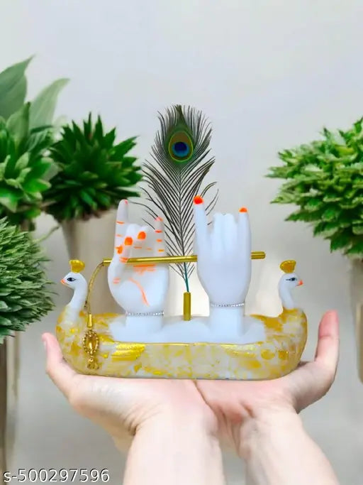 Once again Gold Plated Lord Krishna Hands Idol with Flute, and Peacock Feather | Statue for Gifting, Temple, Tabletop, Office & Home Decor Showpiece for livingroom laddu gopal Makhan chor murlidhar size-23x6x15cm