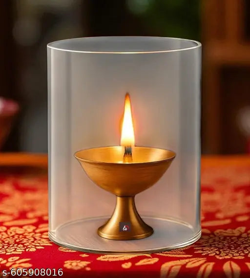 SriMaa Ventures Premium Brass Pyali Akhand Diya with Heat-Resistant Glass Chimney for Home Mandir, Aarti, Navratri,  Spiritual Celebrations