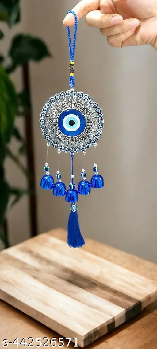 PAYSTORE 5 Bells Evil Eye Wind Chime Charm for Good Luck Positive Vibes and Prosperity at Home/Office/Work Place Nazar Battu Lucky Hanging Home Décor (Silver and Blue)