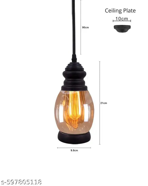 Kalawall Hanging Pendant Light, Black Metal and Glass Shade, Adjustable Cord, Decorative Ceiling Lamp for Living Room, Dining Room, Kitchen, Bedroom, Home Decor, Warm Glow (Amber)