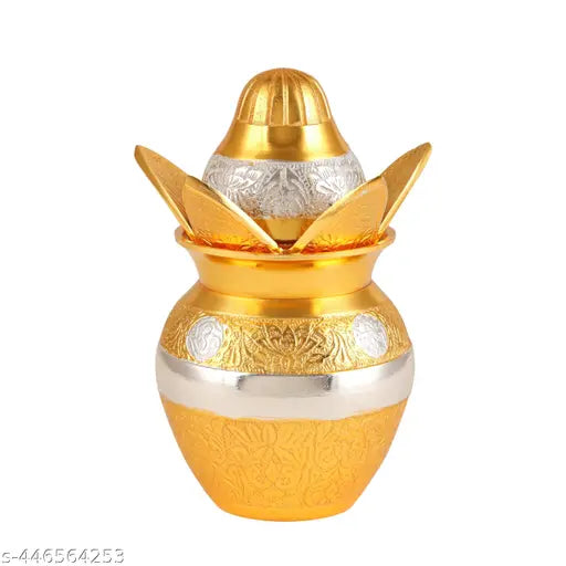 I M Handicraft Online Premium German Silver & Gold Plated Kalash Lota with Coconut,Leaves and Royal Red Velvet Box for Pooja,Temple Use, Home Decor, Wedding Gift (Medium) - 7 inch