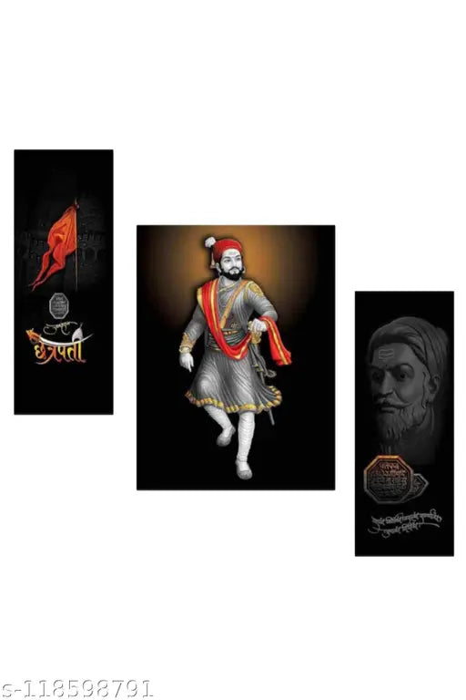 WALLSTOXX Modern Art Chhatrapati Shivaji Maharaj Set of 3 Wall Painting For Living Room Home Decorated Office Hotel Gift Item 12 Inch * 18 Inch Painting