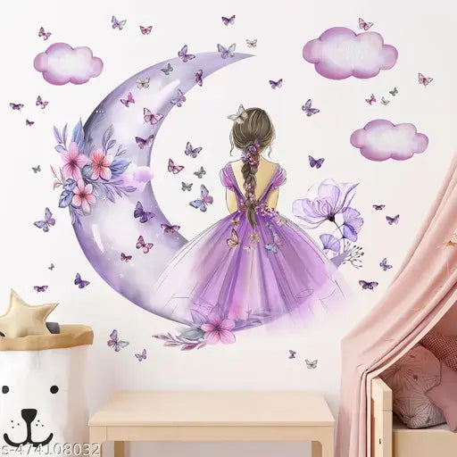 Advait Design decorative cute girl on moon with butterfies wall stickers for living room, children room, nursery, playgroup
