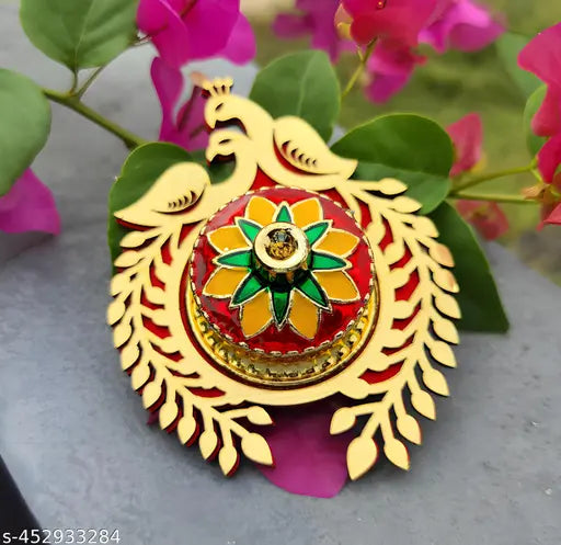 Fancy Sindur Dabbi with Peacock Design Shape With Free Tilak Stick for Wedding | Pooja Articles Gifting Sindur Dani - Kumkum Box with Beautiful Peacock Stick for Multi-Purpose (kumkum Box, Beautiful Peacock Stick) Use Goldencolour
