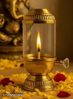 GALAXY GIFT (  7.5X5  )Pure Brass Akhand Diya with Borosilicate Glass & Adjustable Bati Knob || Traditional Oil Lamp for Spiritual Use in Mandir, Home Puja, Diwali, Navratri