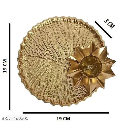 Crinikle Metal Lotus Rakhi Tray with Brass Diya for Puja Home Decor || Round Aarti Pooja Thali for Temple, Diwali, Festival || Gold