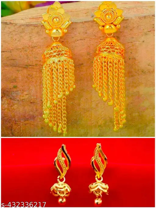 Long Ear Chain Jhumki Jhumka Earrings for Women Girls Traditional Temple 1 One Gram Gold fashion South Indian Screw Back kanoti Meenakari Hair Peacock Jhumkas Combo stylish golden