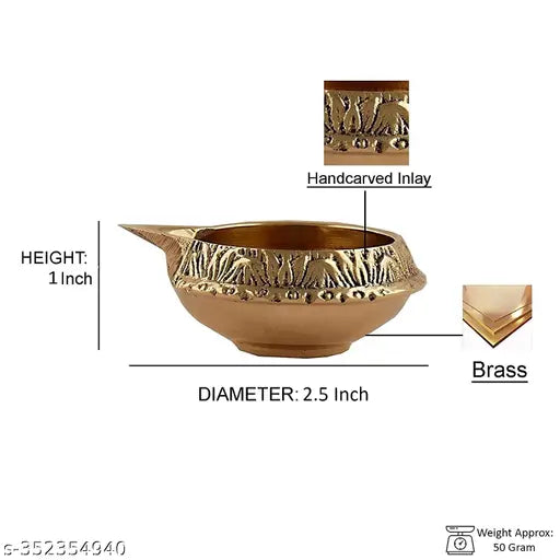 Brass Diya Golden (Size 2.5 inch) Brass Diya for puja, Handmade Indian Puja for Diwali Lamp Engraved Deepawali. (6)
