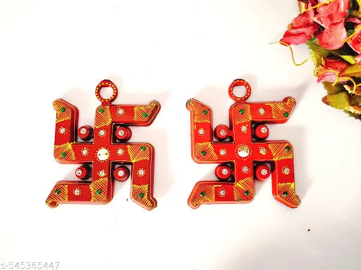 RG Set of 2 Swastik Wall Hanging for Home Entrance, Temple & Festive Decor | Handcrafted Decorative Auspicious Symbol with Beads & Stone Work for Diwali, Navratri, Housewarming, Vastu & Pooja Room