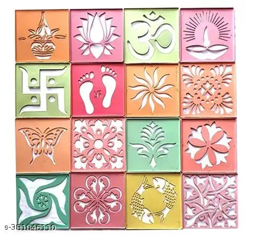 Ready to Draw Rangoli Making Stencils, Rangoli Plastic Stencils for Floor Decoration (4x4 inches in Size- Set of 16 Rangoli Stencils)
