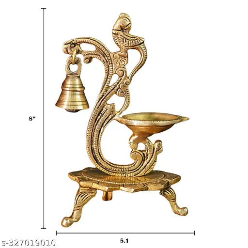 KAPER Brass Diya for Pooja Peacock Oil Lamp With Bell Diwali & Festive Decorations Puja Articles and Gift (5.1"x3"x8")