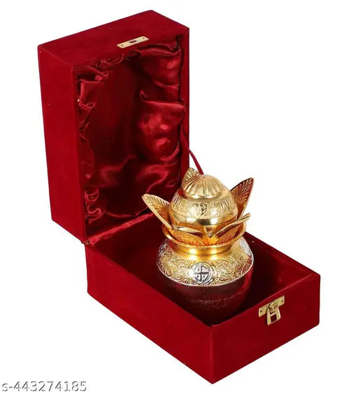Gold German Silver Pooja Kalash with Decorative Embossing and Velvet Gift Box
