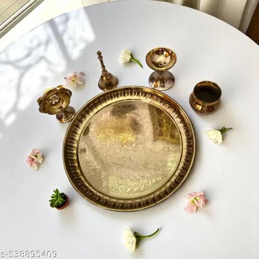 Divine Bazaar Pure Brass Pooja Thali Combo Set – 5 Pcs | 18 cm Thali, Diya, Bell, Kalash & Incense Holder | Traditional Puja Essentials