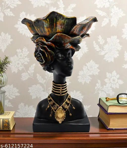 Decor Bazar™ Handcrafted African Lady Statue with Floral Basket on Head | Decorative Organizer Showpiece for Tabletop, Living Room, Office, Home Decor & Gifting
