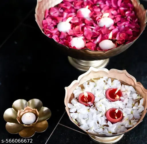 SAIRA TRADERS Metal Taj Bowl Hammered Urli and Candle Stand with Floating Diya | Urli Bowl for Home and Festival Decoration Urli (Set of 9 Pieces) (Colour-Gold).