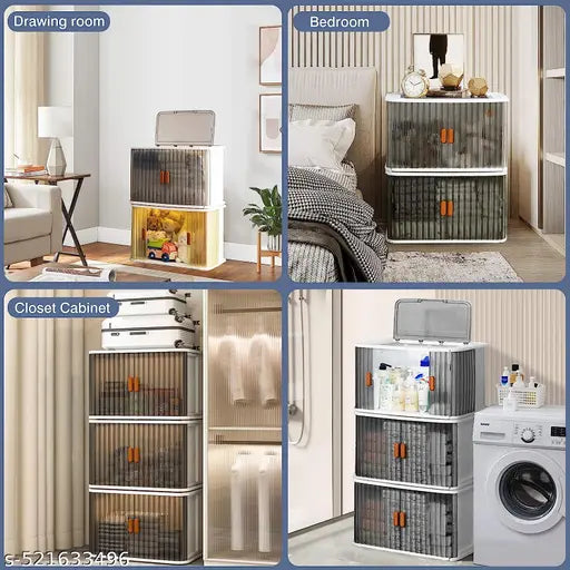 Plastic Storage Bins 2 Pack,Storage Bins with Lids and Wheels, Collapsible Storage Bins with Front Door and Top Cover Openings, Stackable Toy Storage