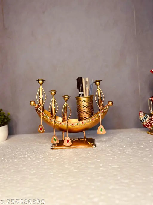 Handcrafted Kerala Boat Shaped Metal Showpiece with Pen Stand – 10x8 Inch