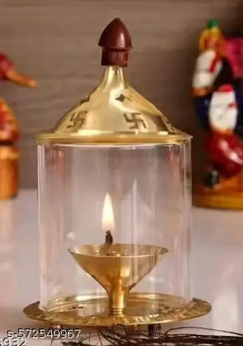 Brass Pooja Diya for Puja & Religious Rituals with Borosilicate Glass Cover for Home,Office & Temple | Traditional Gifting